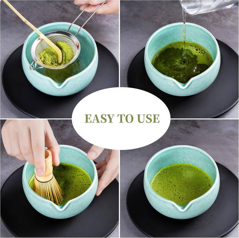 YIBO Matcha Whisk Set, Matcha Kit Bamboo Whisk and Ceramic Bowl with Spout & Measuring Spoon & Cup, Japanese Ceremony Matcha Tea Making Tools Blue - Image 4